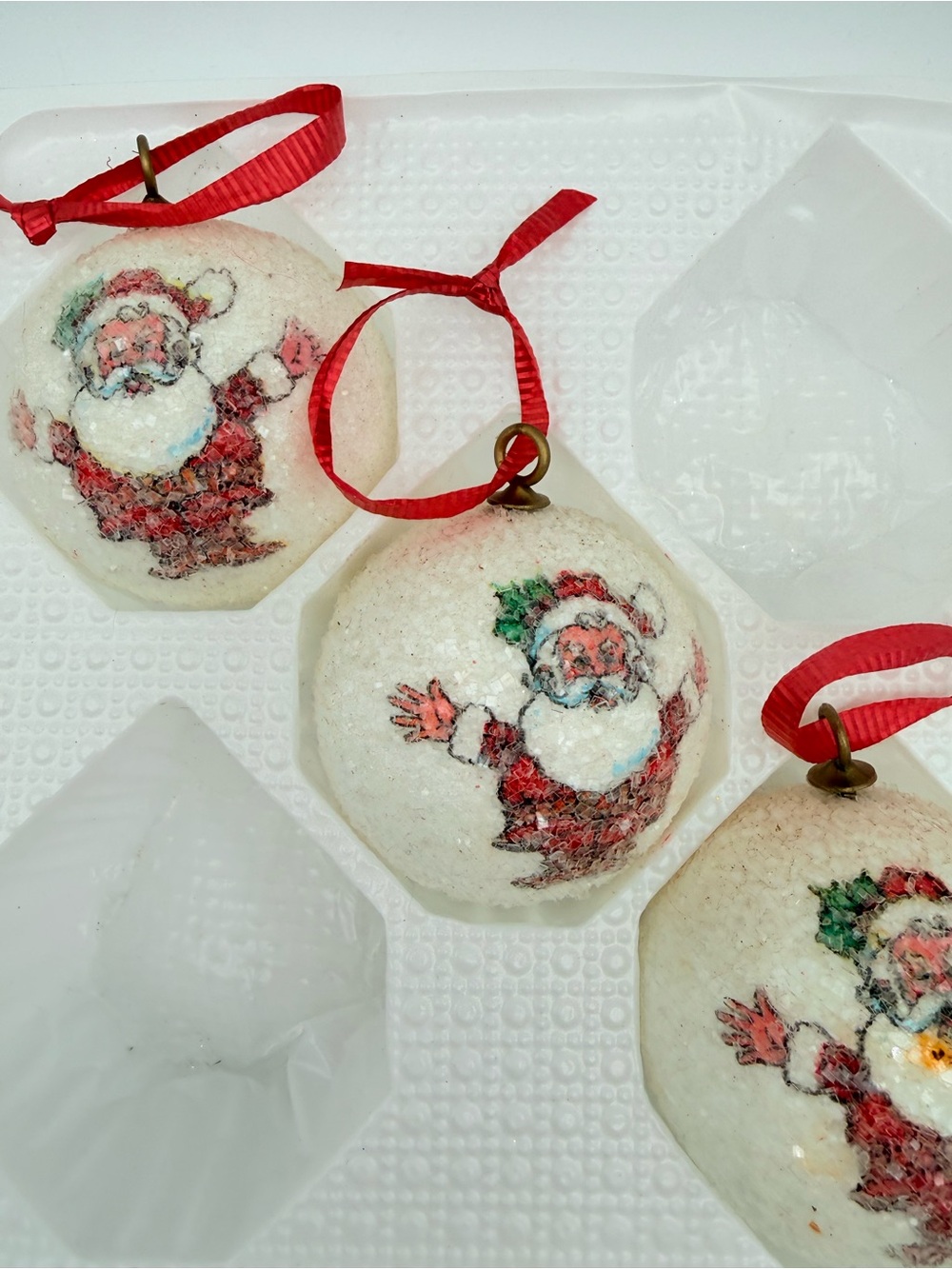Vintage Santa Holiday Ornaments in White with Red Ribbon